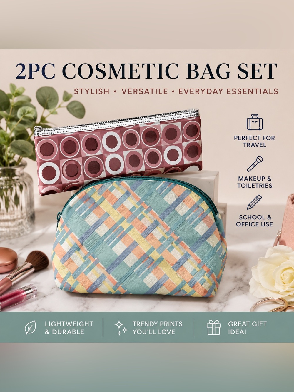 2pc Cosmetic Bag Set Geometric & Pastel Plaid Travel Makeup Pouch Pencil Case
